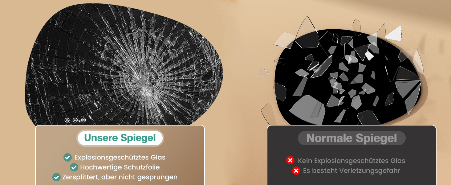 Дзеркало з підсвічуванням Asymmetrischer LED 75x55 см з сенсорним вимикачем – антизапар, 3 кольори світла, регулювання яскравості та функція пам'яті, чорний (горизонтальне/вертикальне), без рамки