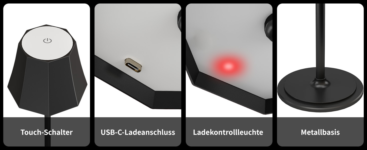 Бездротова LED-лампа Suright для столу з 3 кольоровими режимами + RGB, регульована яскравість, сенсорне управління, водонепроникність IP54, чорна