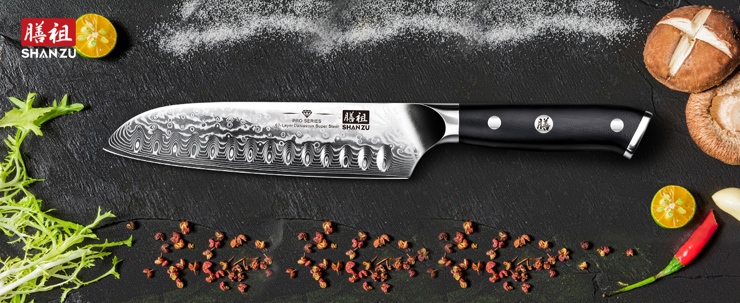 Ніж Сантоку SHAN ZU Damast PRO Series: 67 шарів дамаської сталі, ручка G10