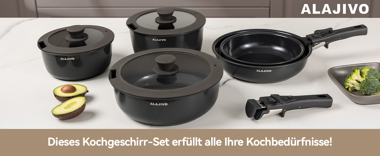 Набір посуду 17 предметів з знімним ручками, антипригарне покриття, для всіх типів плит, включаючи індукційні, сумісний з духовкою (темно-сірий)