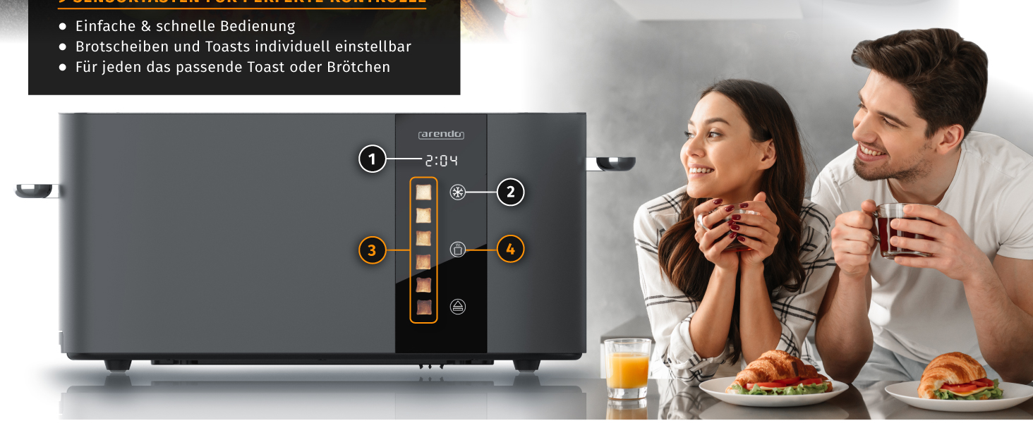 Тостер Arendo з нержавіючої сталі, 2 відділення, довгий проріз, сенсорний дисплей, подвійні стінки, насадка для тостів, 6 ступенів підсмажування, центрування хліба, індикатор часу, функція пам'яті, чорний (B: Cool Grey)