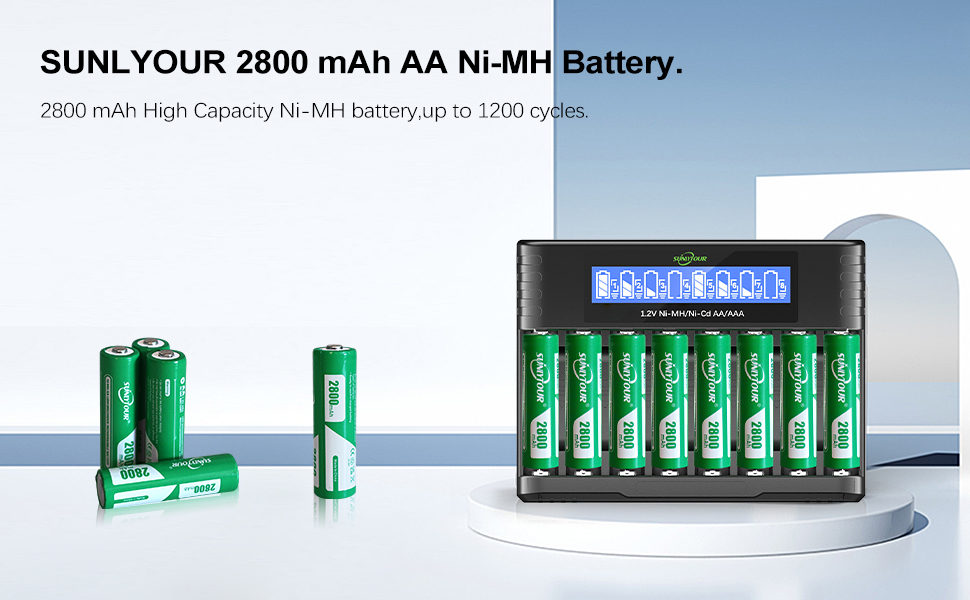 8 x 2800mAh акумулятори AA NI-MH SUNLYTOUR з зарядним пристроєм (до 1200 циклів)