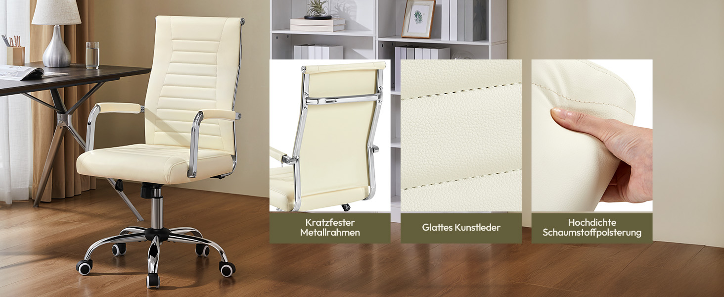 Офісне крісло Yaheetech з підлокітниками, ергономічне, для офісу, комп'ютерне, для начальника, висока спинка, з функцією гойдання, до 136 кг, бежеве