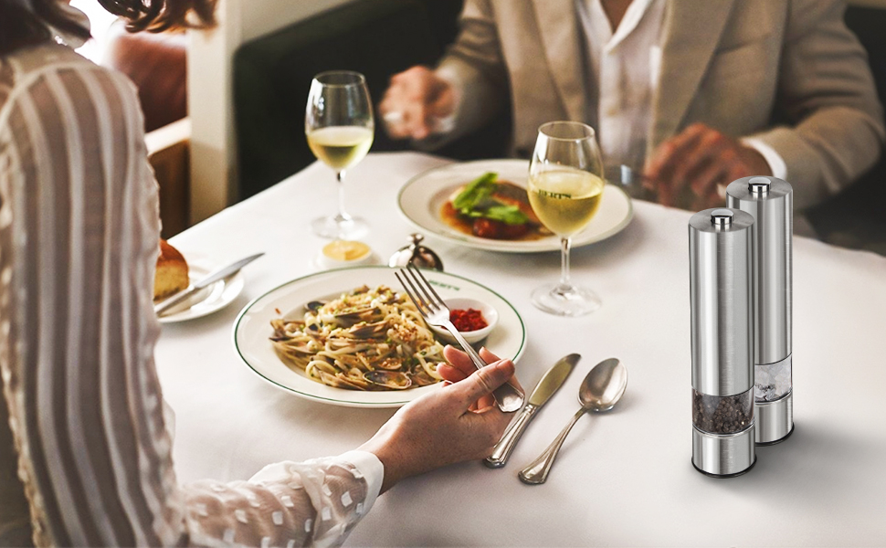 Електричні соляні та перечні мельниці 2 шт. з нержавіючої сталі, регулювання помелу, світлодіодне підсвічування (сріблясті)