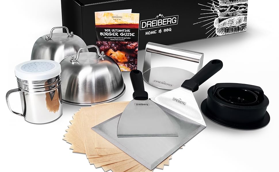 Набір для приготування бургерів DREIBERG® з нержавіючої сталі (9 предметів): шпатель, дзвоники для плавлення сиру, прес, сматчер, дозатор спецій, рецепти та папір для випікання