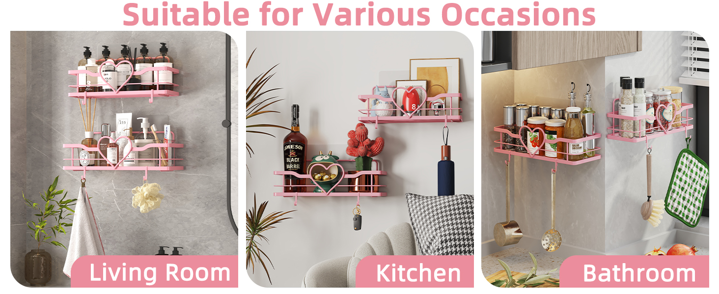 Двостороння поличка для душу без свердління, рожева, з 4 гачками, 11.5 см - органайзер для шампуню та мила