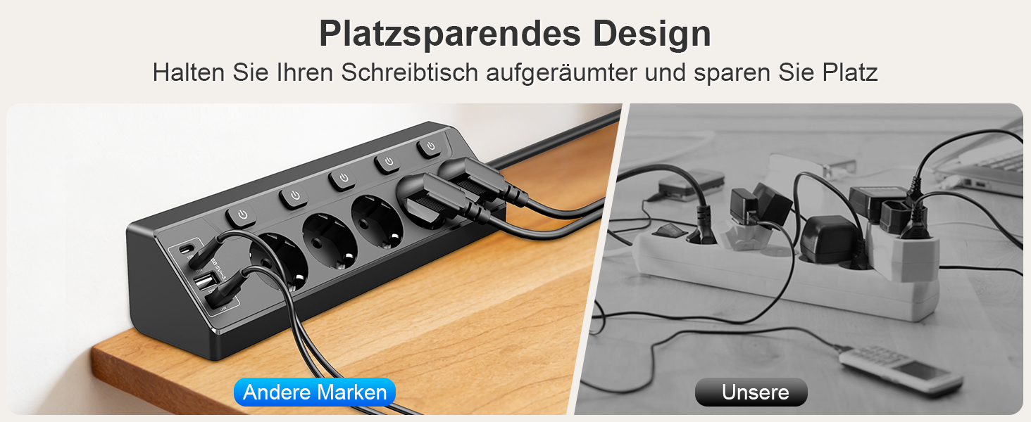 Розподільник розеток з незалежним вимикачем, мережевий фільтр з 4 USB (2 USB-C) + 5 розеток з дитячим захистом, 3680W, 2м подовжувач для кухні, офісу, дому (чорний) 5 розеток Чорний - Розподільник розеток