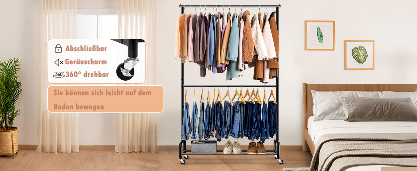 Міссло важкий одяговий вішак на колесах з подвійною перекладиною, металевий, мобільний, для зберігання одягу, чорний, регульований