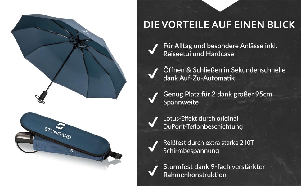 STYNGARD Тристонний парасолька, стійкий до вітру до 140 км/год, з автоматичним відкриванням, тефлонове покриття, довга ручка, модель TRONDHEIM, блакитний