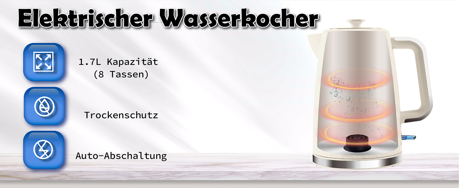 Електричний чайник 1.7л, 1850W, з автовимкненням та захистом від перегріву, для кави та чаю, Бежевий
