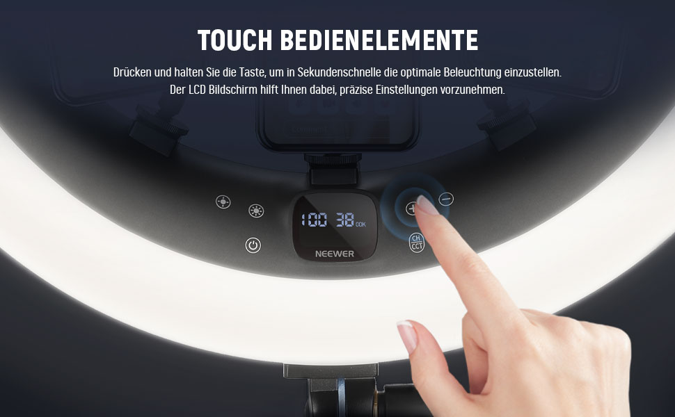 NEEWER Ringlicht RP19H 19 дюймів з триподом та 3 тримачами для телефону, дистанційне керування 2.4G, плавне регулювання яскравості, LCD та сенсорне керування, 42W CRI 97+ 2540 Lux, для стрімінгу, дому, офісу, Zoom, освітлення, кільцева лампа з пусковим пристроєм (кріплення для телефону, серветка для очищення)
