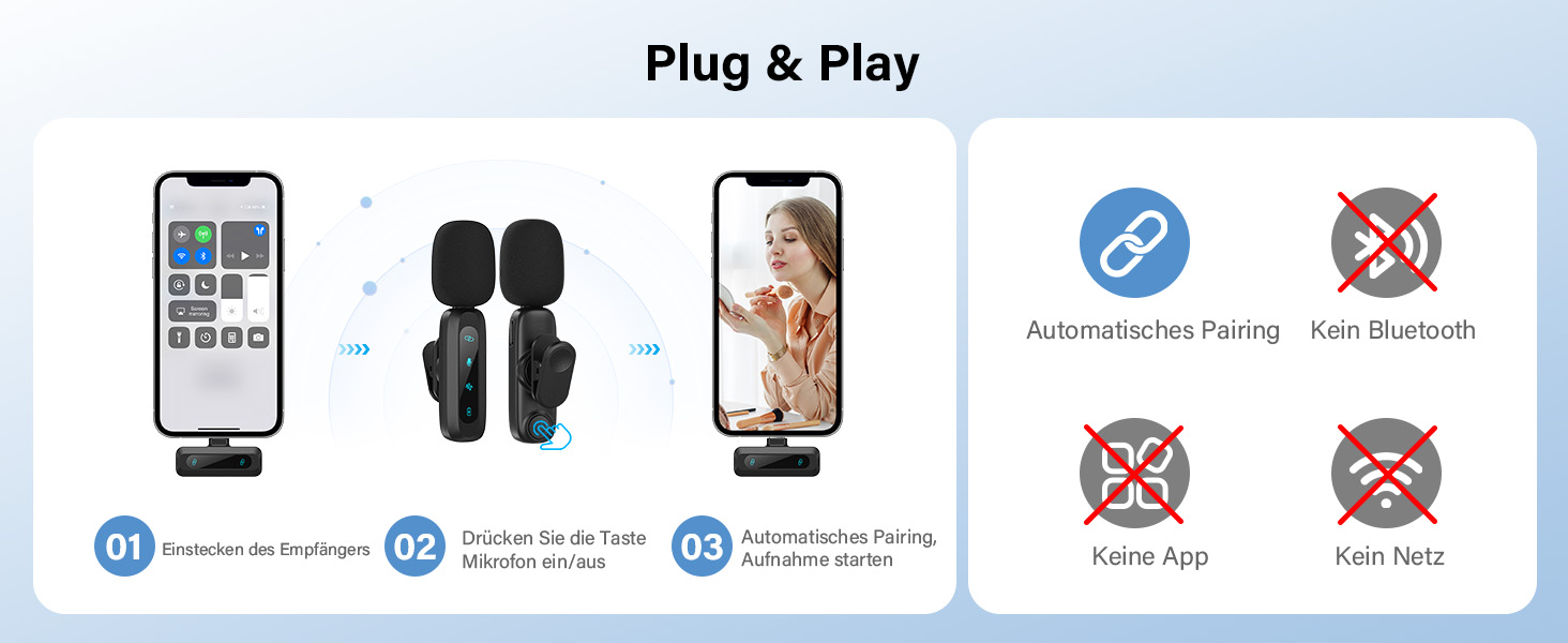 Беспроводной петличный микрофон для iPhone, iPad, Android, 2 шт. с шумоподавлением, авто-подключением, функцией Mute и Reverb для видеоблогинга, съемки видео, TikTok, YouTube