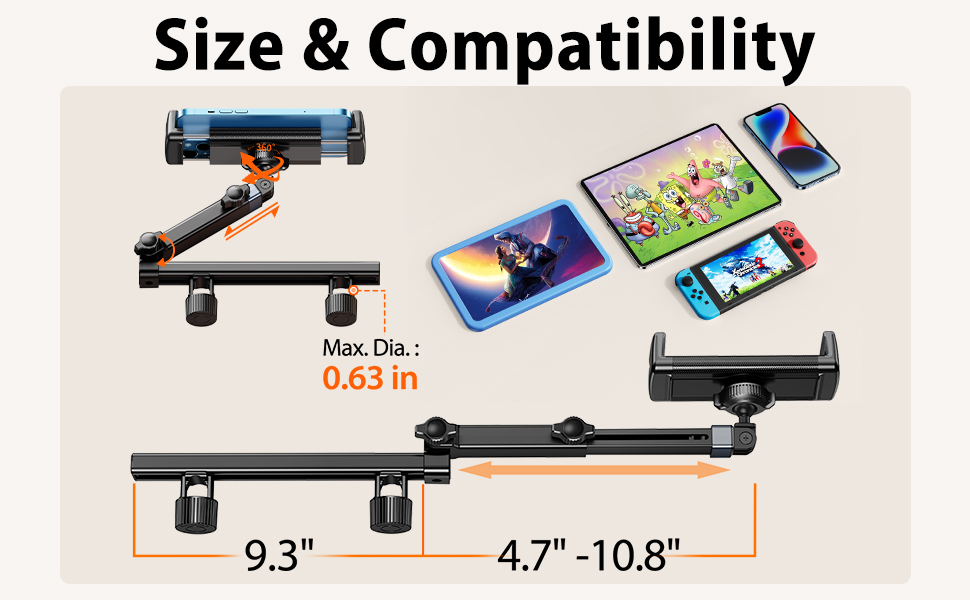 Тримач для планшета в авто, [алюмінієвий довгий кріплення] Тримач для планшету на підголівник авто, [надійно фіксується] Тримач для iPad в авто, чорний, H2