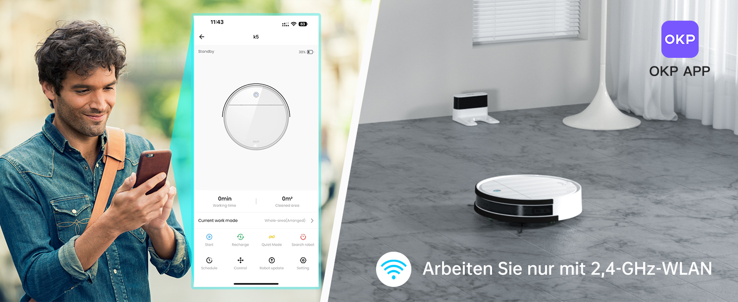 Робот-пилосос OKP K5 з потужністю 5000Pa, навігацією, HEPA-фільтром, Wi-Fi та для тварин, килимів та твердих підлог