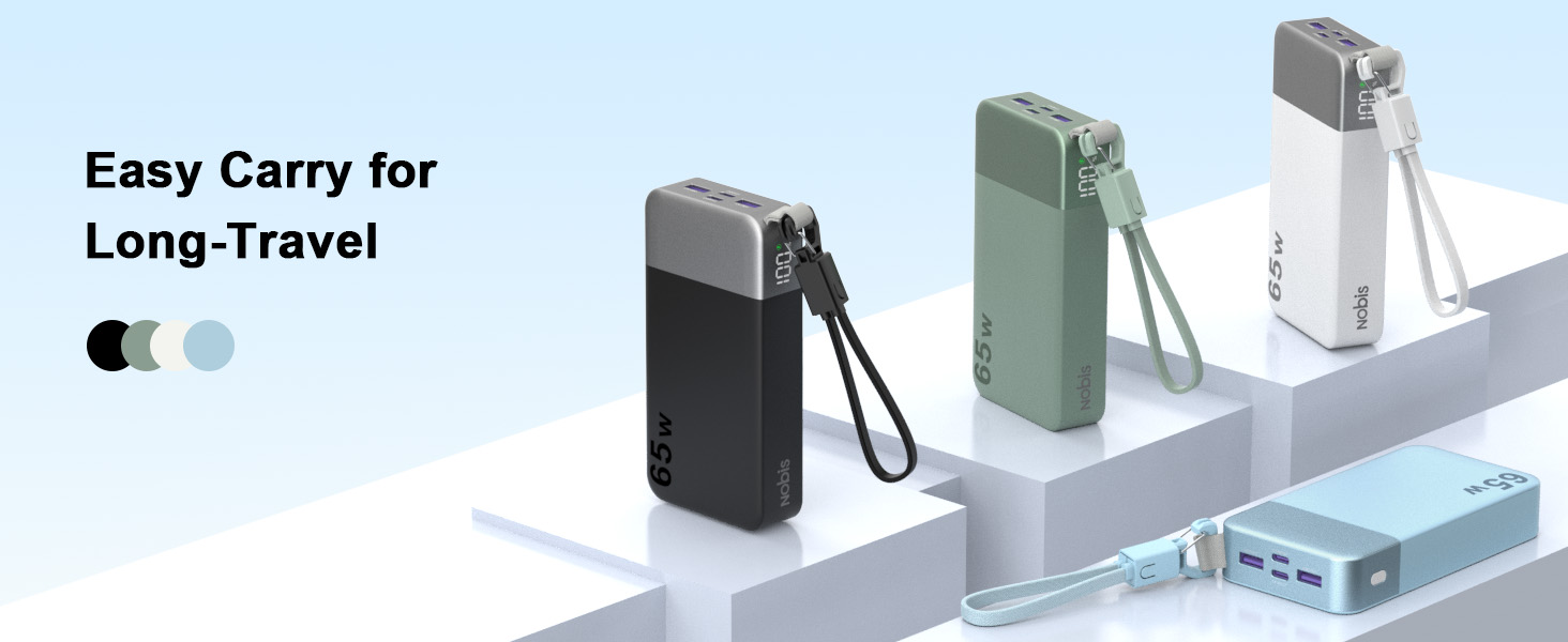 Повербанк NOBIS 20000 mAh 65W з вбудованим кабелем, швидка зарядка, 2x USB-C та 2x USB-A, для ноутбуків, планшетів та смартфонів, чорний