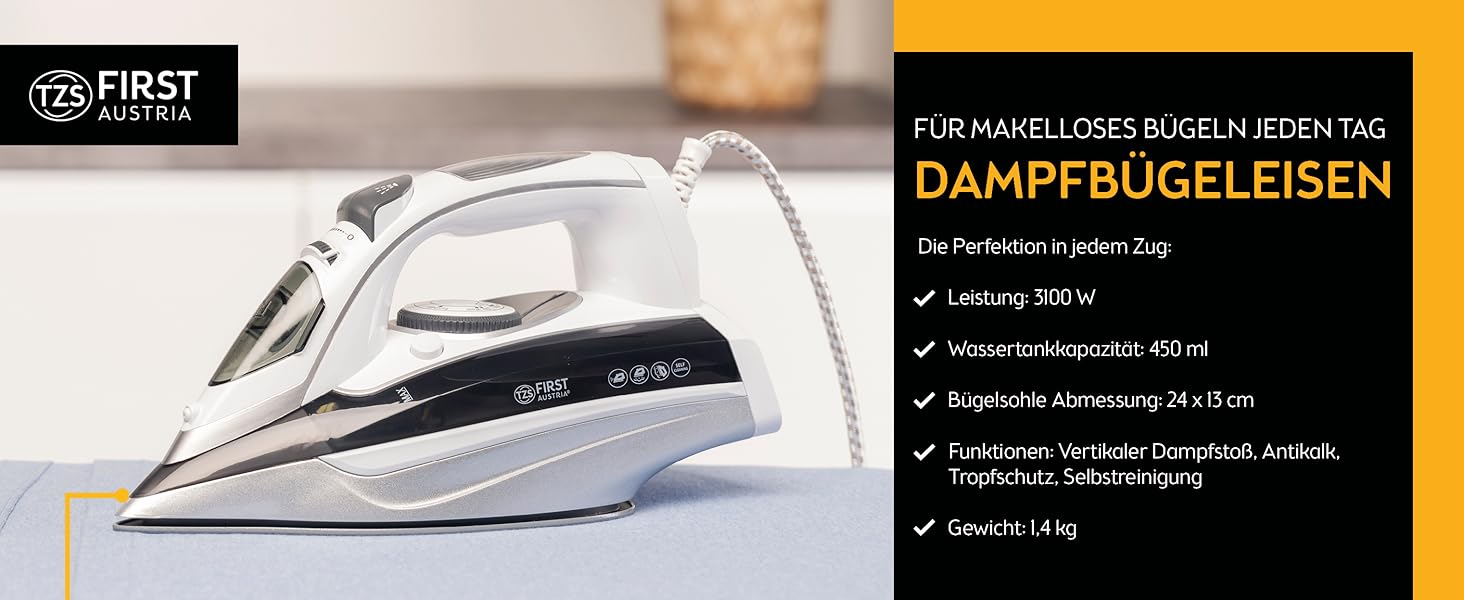 Парове прасування TZS First Austria I 3100W з керамічною підошвою, самоочищенням, вертикальним прасуванням, захистом від накипу, сухим прасуванням, резервуар 0,45л, 1,4 кг, сірий/білий