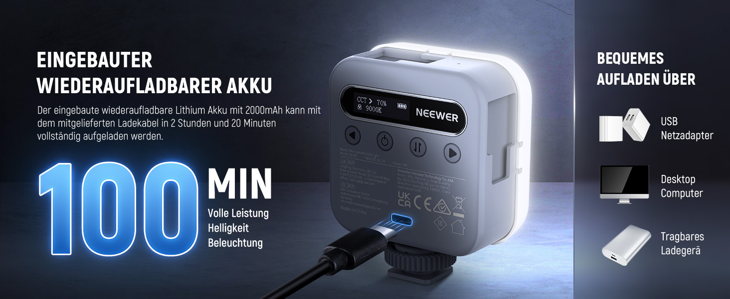 NEEWER BL60C LED-панель для відеозйомки: RGB, 8W, 2700K-7500K, портативна, з акумулятором 4000mAh, метал, CRI 97