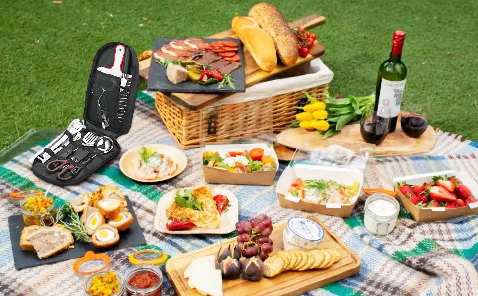 Набір кухонного приладдя для кемпінгу ISFORU 12шт: сковорода, ніж, лопатка, щипці, шумовка, дошки для нарізання. Чорний колір. Ідеально для пікніків, подорожей та походів