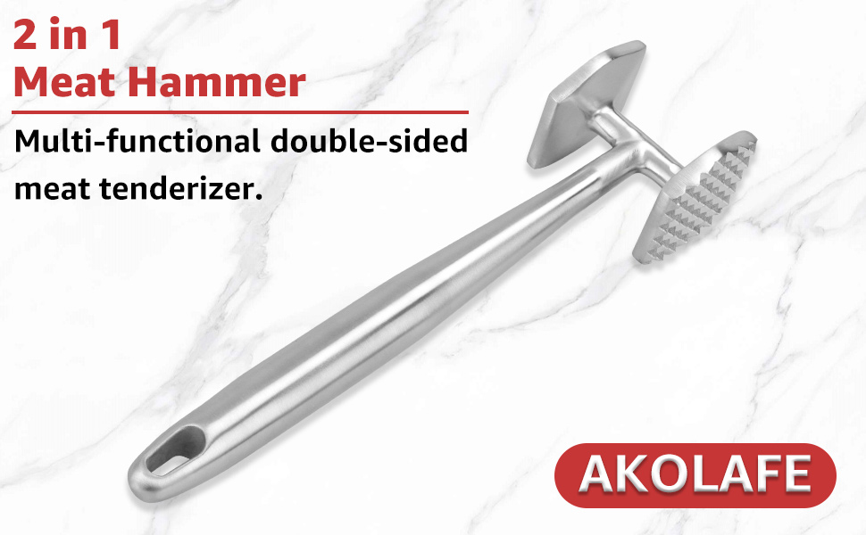 АКОЛАФЕ Fleischklopfer: М'ясорубка для відбивання м'яса з нержавіючої сталі, 26 см, подвійна сторона, для стейків, курки, свинини, реберець, антипригарне покриття, з отвором для підвішування, придатна для миття в посудомийній машині