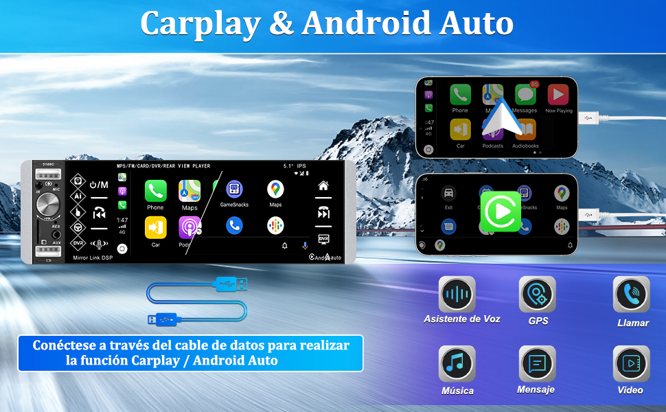 Автомагнітола CAMECHO 1 DIN з CarPlay, 5,1