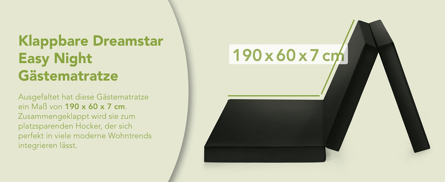Складаний гостьовий матрац Dreamstar Easy Night, 60x190 см, 7 см, чорний, 3-секційний, Оеко-Текс, для сну, випробування 30 ночей