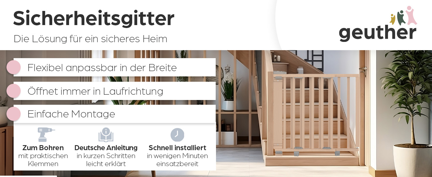 Захист для сходів Geuther Oris | Дверний замок для сходів з кріпленням, ширина 67-95 см | Дверний замок з розсувною дверцятами | Дерев'яне дитяче захисне ворота, натуральний лак 67-95 см