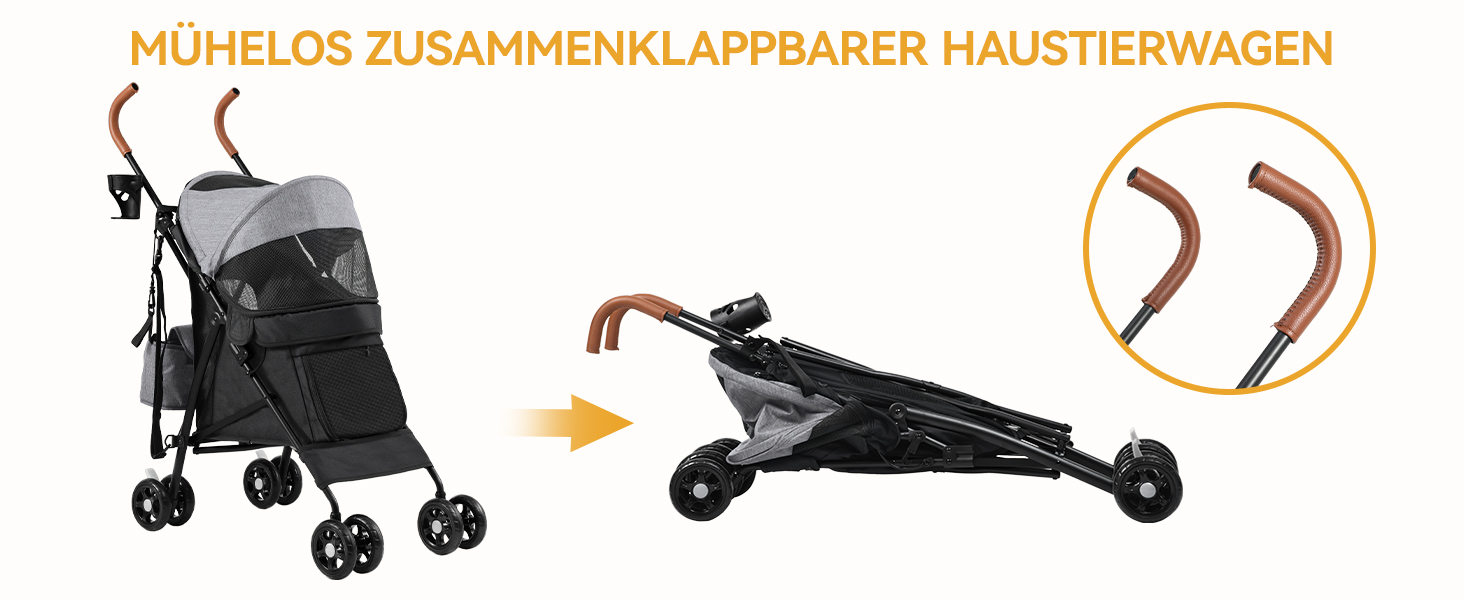 Візок для собак та котів DWVO, 11.3 кг, складний, з подушкою та кошиком для зберігання, 45x80x103 см (сірий/чорний)