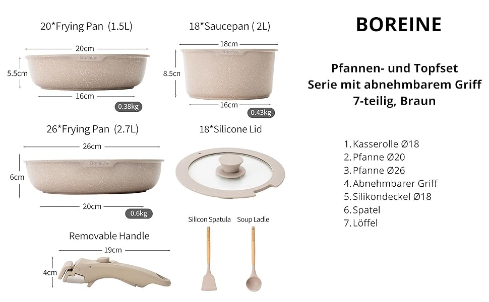 Набір посуду BOREINE 14 предметів з антипригарним гранітним покриттям, знімні ручки, для всіх типів плит (індукція, склокераміка, газ, духовка), коричневий