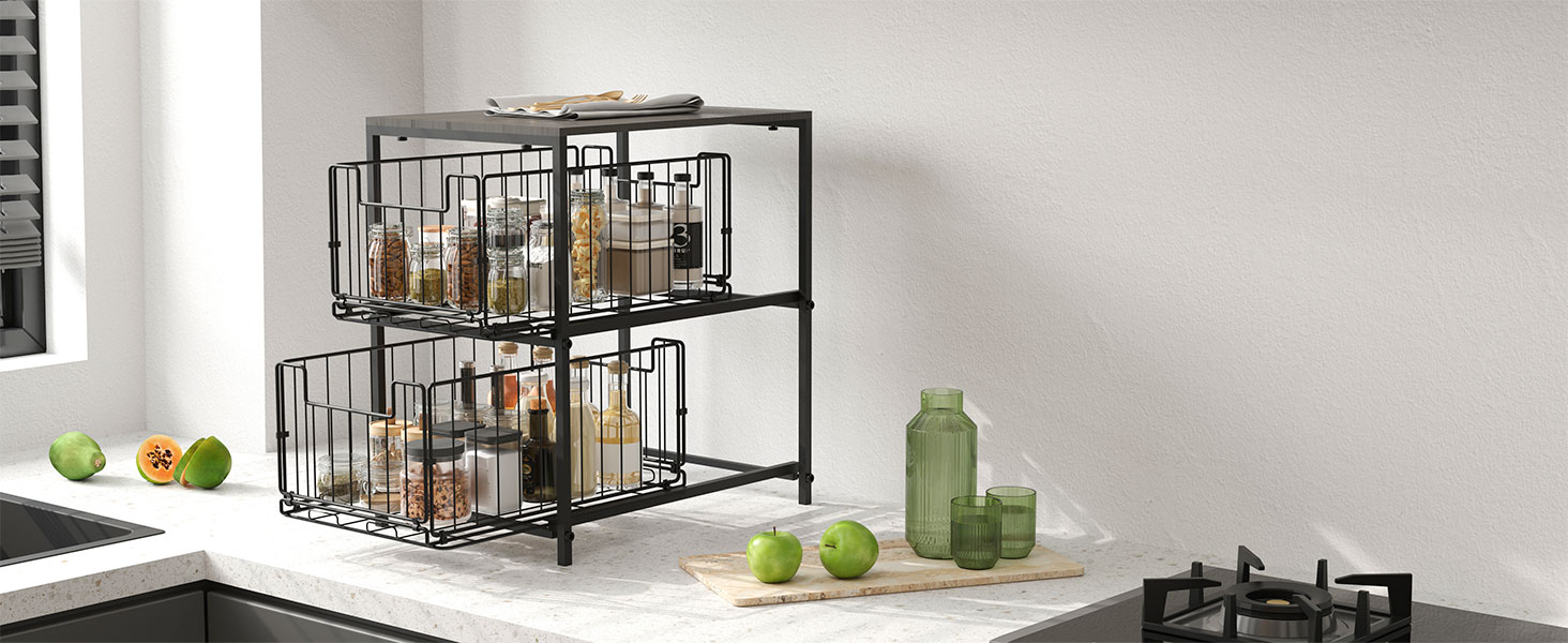 Meltrck Spice Rack and Kitchen Organizer, 2-Tier Pull-Out Kitchen Organizer, Metal and Wood Composite for Kitchen, Countertop, Pantry, and Dining Room (Black)