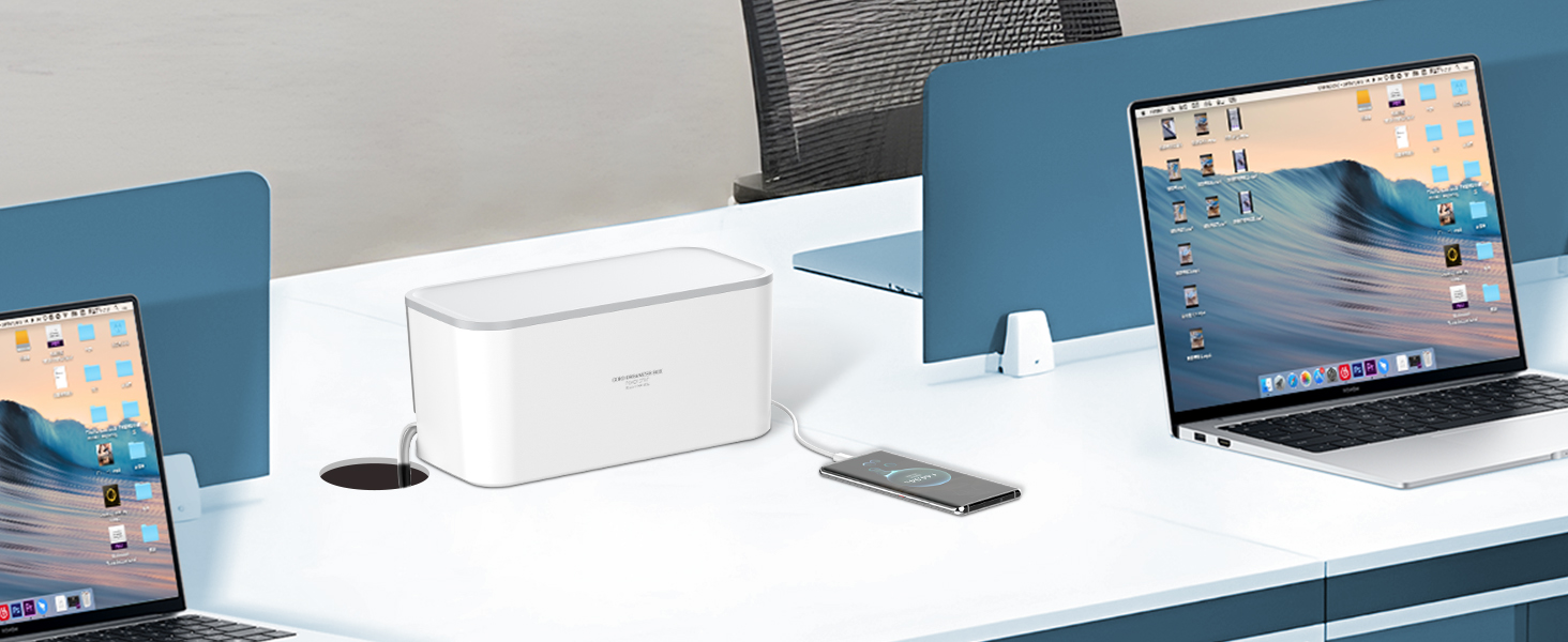 Мережевий фільтр із кабельною коробкою: 5 розеток, 3 USB-порти, органайзер для кабелів, білий кабель 2м