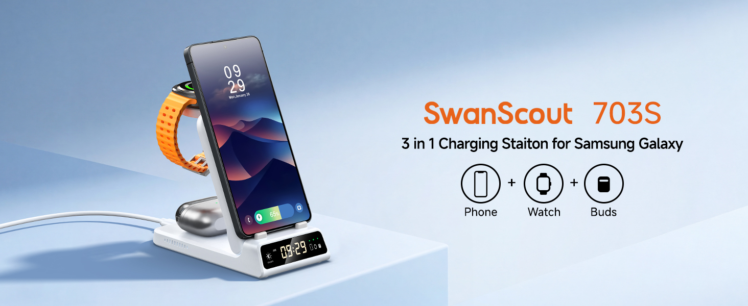 Бездротова зарядка 3-в-1 SwanScout 703S для Samsung Galaxy S26 Ultra/S25/S24/S23, Galaxy Watch 8/8 Classic/Ultra/7/6 та Buds 4/4 Pro - Біла