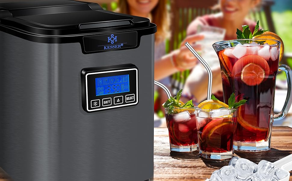 Машина для приготування льоду KESSER® з нержавіючої сталі, 150W, 12 кг/24 год, 3 розміри кубиків, 2.2 л резервуар, таймер, LCD-дисплей, аксесуари, чорний/антрацит