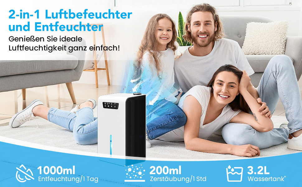 Ofottofo 2-в-1: Електричний осушувач та зволожувач повітря, 3.2л резервуар, 1л/день, 7 кольорів LED, тихий, для спальні, ванної, підвалу