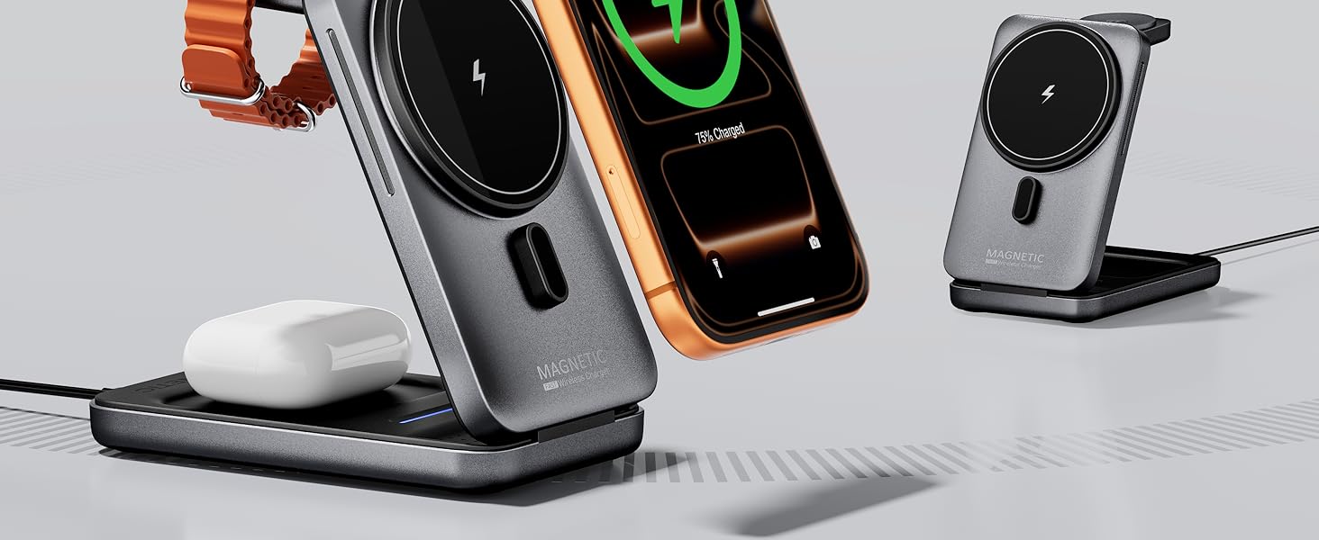 KPON Станція зарядки MagSafe для Apple Watch та iPhone, 3 в 1. Швидка зарядка для iPhone 12-17, Apple Watch 11-2, AirPods. Підходить для подорожей та офісу. В комплекті адаптер 20W.