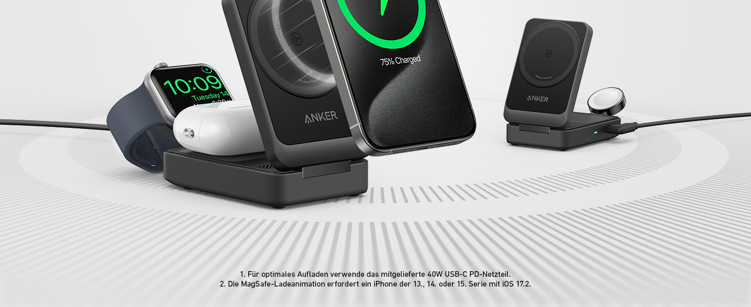 Anker MagGo 3-в-1 Бездротова Зарядна Станція Qi2 15W MagSafe для iPhone 17/16/15/14, Apple Watch 9, AirPods (з USB-C 40W адаптером) - Чорна