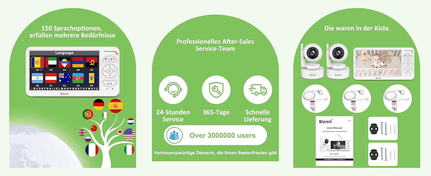 Відеоняня Blemil BL9064-2 з камерою, 6-дюймовий IPS дисплей, акумулятор 4000 mAh, ECO-режим, авто-нічне бачення, 2-сторонній аудіо, радіус дії 300 м, виявлення плачу