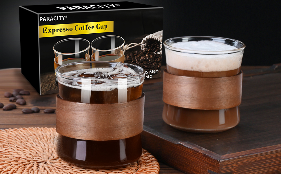 Набір чашок для еспресо ParaCity, 2 шт. з дерев'яним кільцем, склянка для еспресо та шнапсу з боросилікатного скла, прозора маленька чашка для еспресо, аксесуари для еспресо (240 мл)
