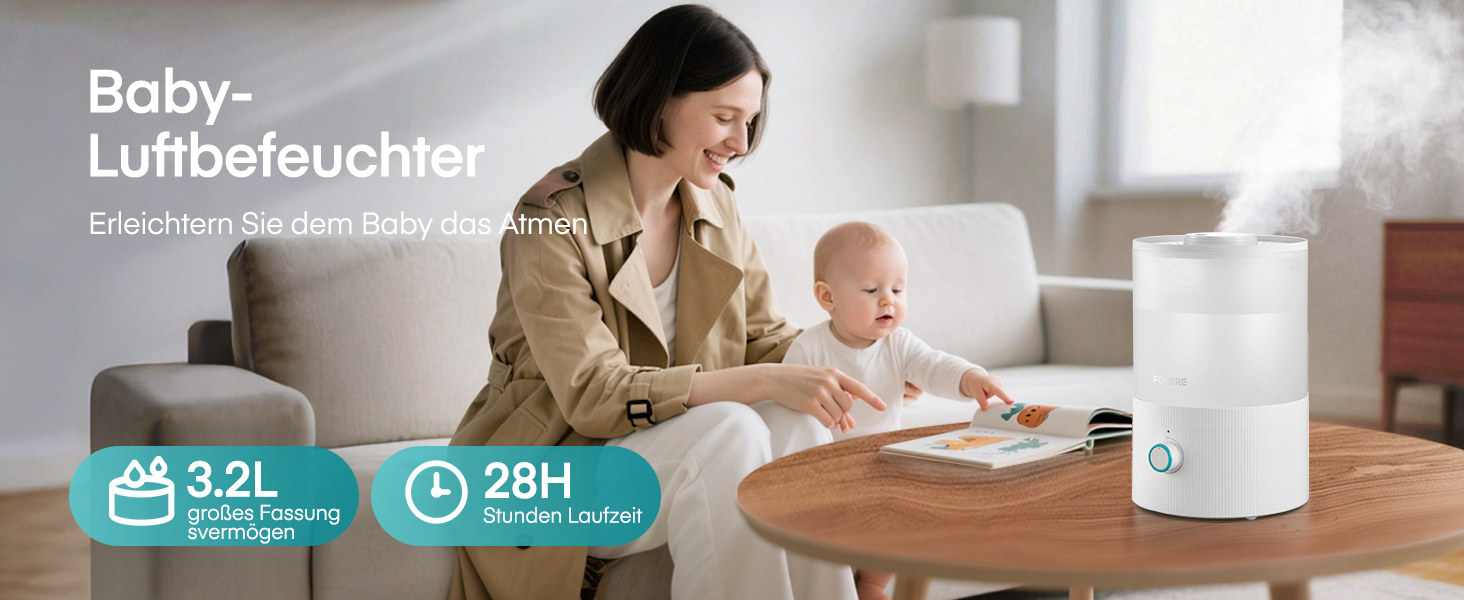 Зволожувач повітря FOHERE для спальні, 3.2л, тихий, для дітей, з верхнім заповненням, 28 годин роботи, 360° охолоджуючий туман, BPA-free, аромадифузор, нічне світло 7 кольорів для рослин, дому, офісу