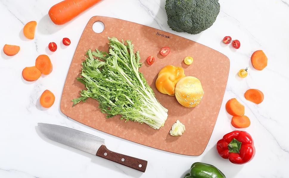 Дошка для нарізання BESTCOOK з деревного волокна, щільна, безпориста, екологічна, без BPA, підходить для посудомийної машини, двостороння, безпечна для ножів, 44x33x0,6 см, для м'яса, хліба та фруктів