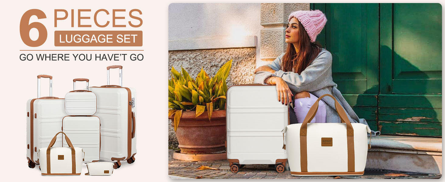 Набір валіз KONO 4 в 1: ручна валіза 55 см, косметичка, сумка для ручної поклажі, кульшова сумка (кремовий білий)