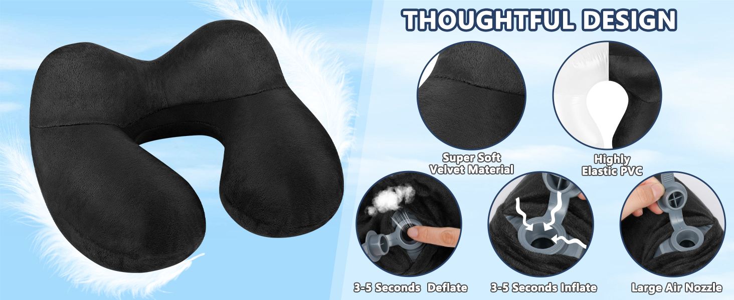 Надувна подушка для шиї Flintronic, ергономічна підголовник з велюровим чохлом, для подорожей та кемпінгу (темно-сірий)