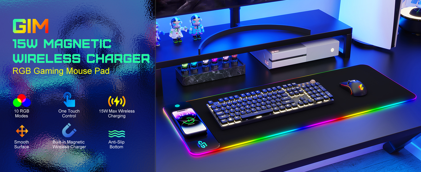 Ігровий килимок для миші RGB з бездротовою зарядкою Qi 15W, 800x350x4мм, 10 режимів підсвічування, швидка зарядка 10W для iPhone 13/13 Pro, водонепроникний та протиковзкий (Dark)