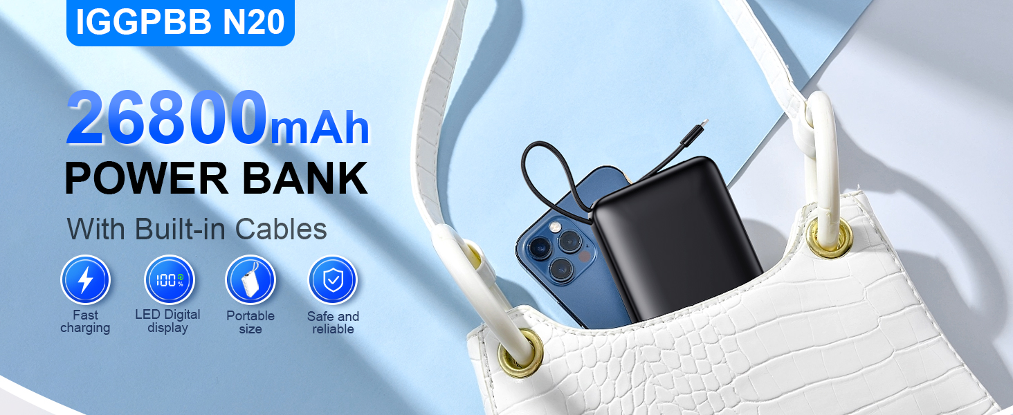 Power Bank 26800mAh: Портативний акумулятор з двома портами та кабелями, сумісний з iPhone та Android
