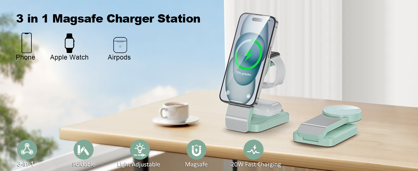 3-в-1 Станція Бездротової Зарядки з Індукцією для iPhone, Apple Watch та AirPods (Білий/Зелений)