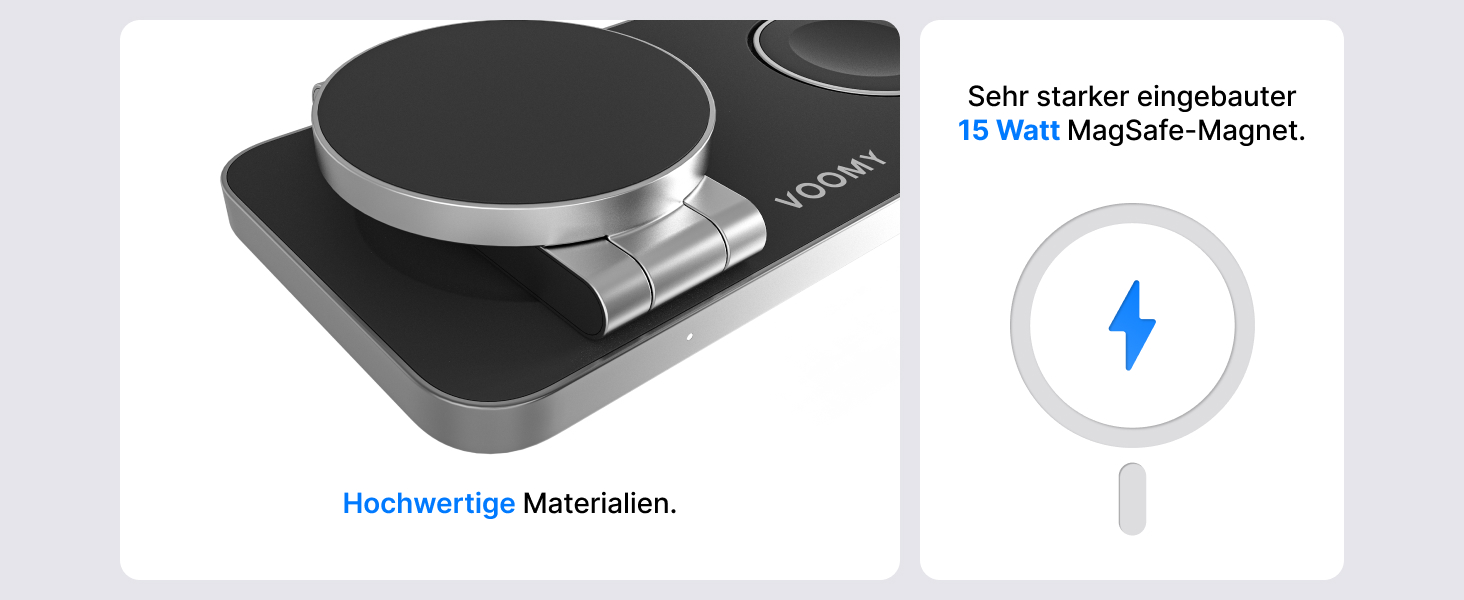 База для бездротової зарядки Voomy 3-в-1 з підтримкою MagSafe, для iPhone, AirPods та Apple Watch, 15W, складана, швидка зарядка, з USB-C кабелем та адаптером (Чорний)
