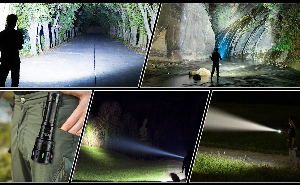 LED ліхтарик на акумуляторі, надзвичайно яскравий 1200000 люмен, з функцією зуму, тактичний, з 5 режимами світла, водонепроникний IP67, для кемпінгу, риболовлі, походів, активного відпочинку, чорний