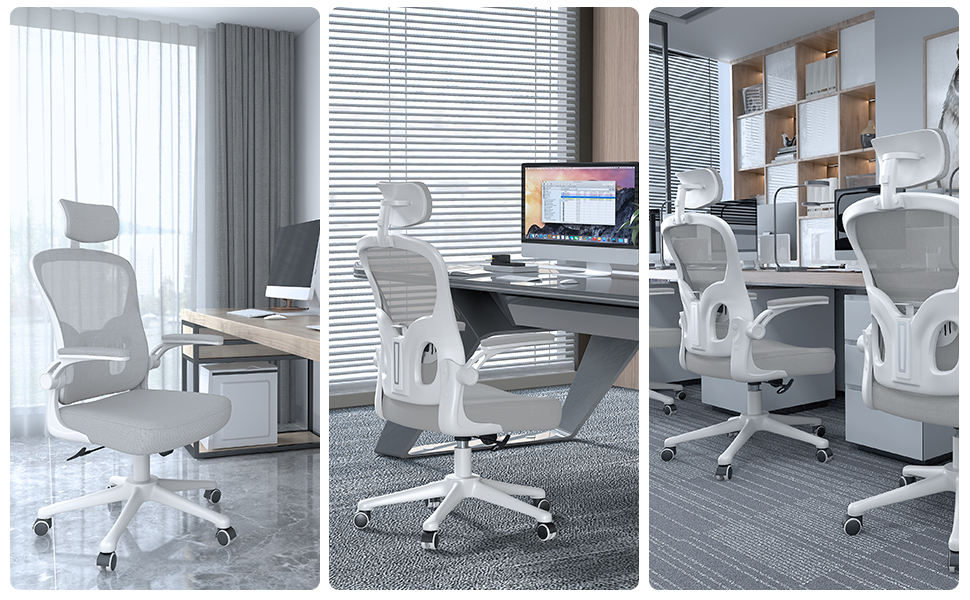 Офісний крісло Rattantree: ергономічне, з регульованою підголівником, підлокітниками та підтримкою попереку, регулювання висоти, дихаюча спинка, сіре