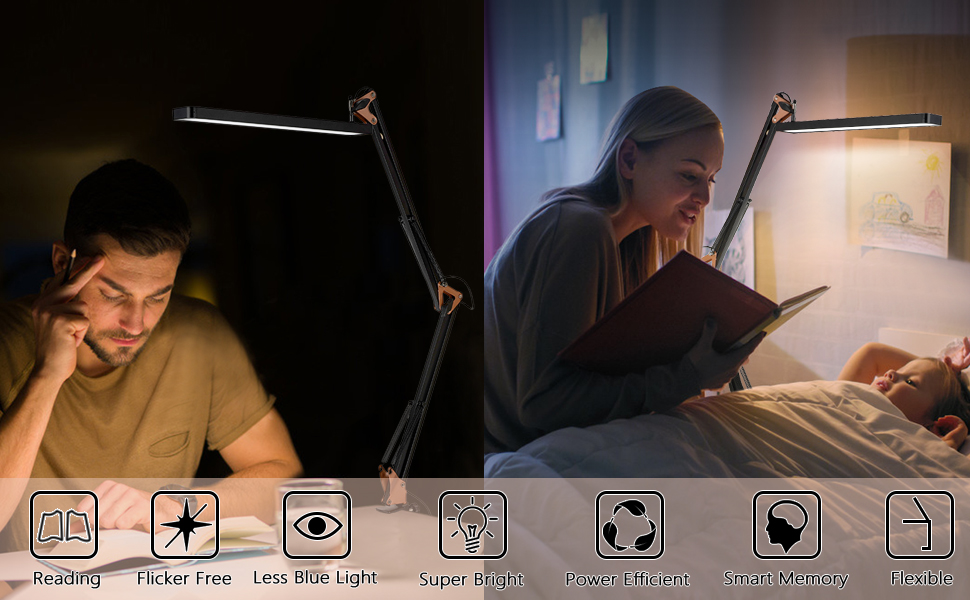 SKYLEO Dimmable Desk Lamp with Clip - Eye Protection LED Desk Light - 3 Modes & 10 Brightness Levels - Black (Rose Gold & Black)