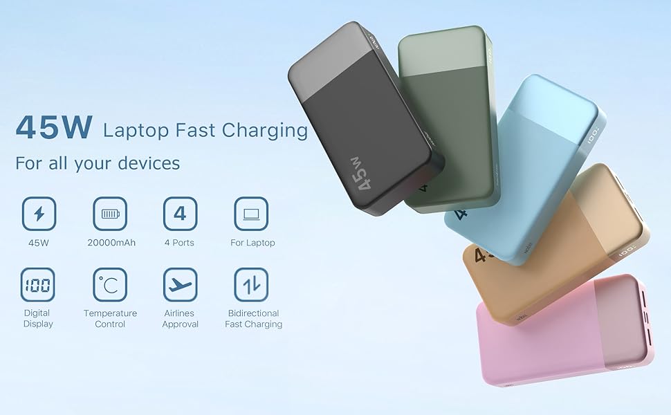 Power Bank NOBIS 20000mAh 45W з кабелем USB-C, портативний зарядний пристрій з цифровим дисплеєм (зелений)