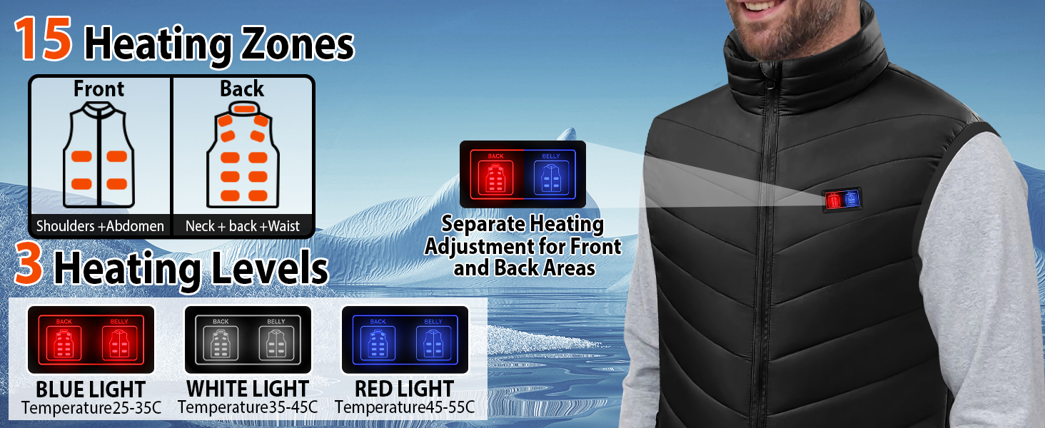 Електрична гріюча жилетка з акумулятором 27000mAh, 7.4V, 17 зон, 3 режими температури, для чоловіків та жінок, чорна